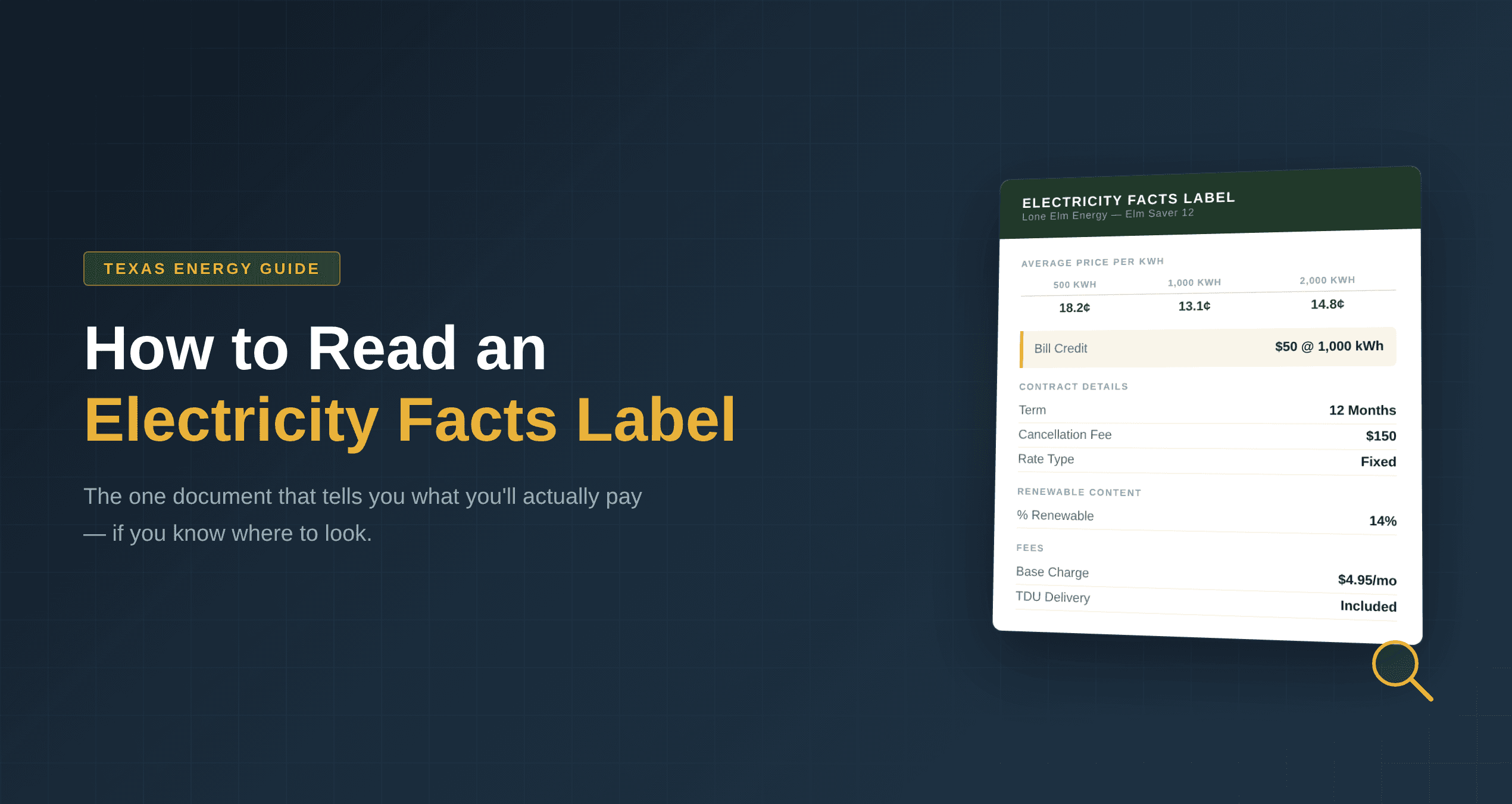 A sample Texas Electricity Facts Label showing rate tiers, bill credits, contract terms, and fees